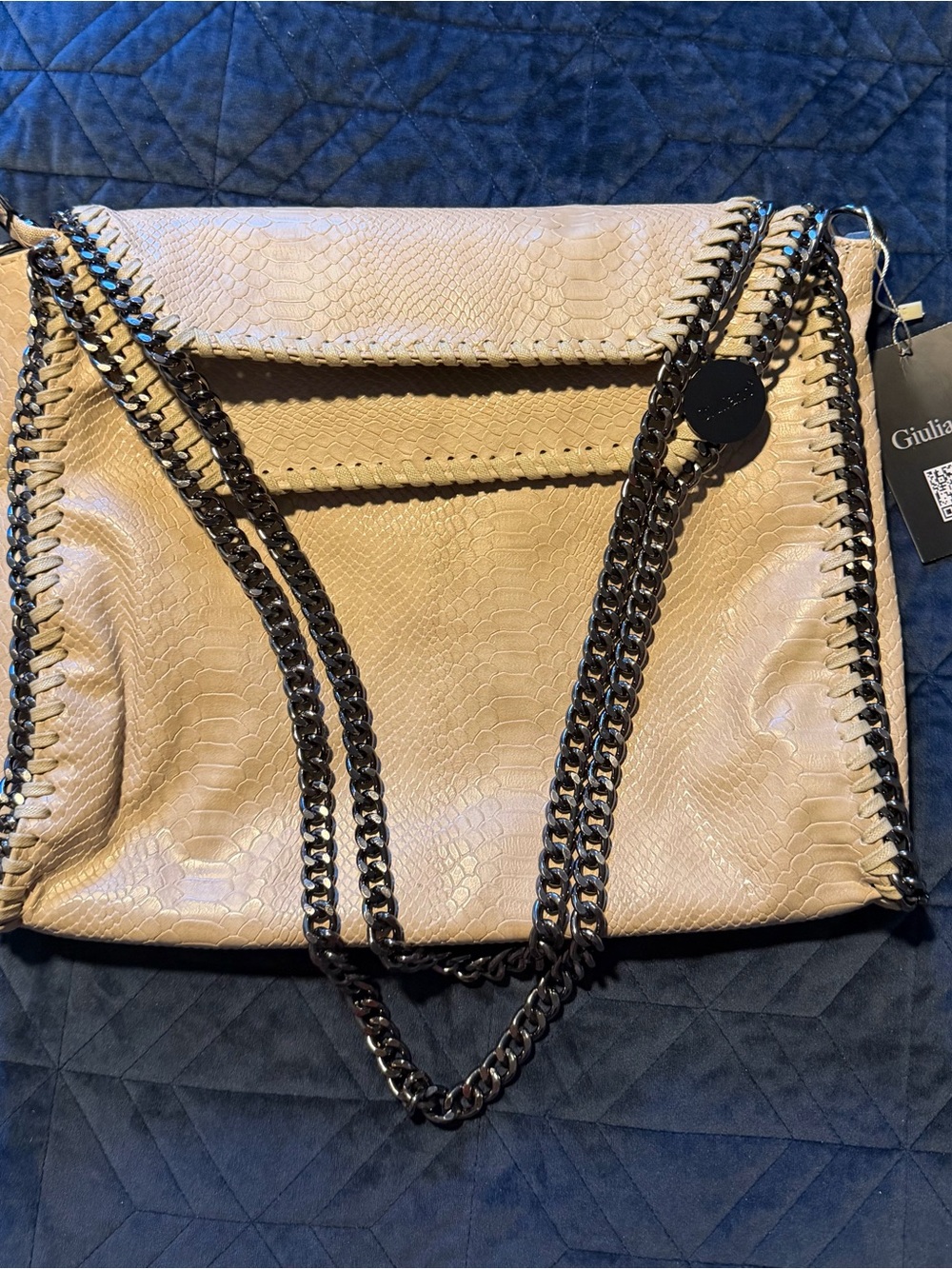 Beige faux Snake-Embossed Chain Tote